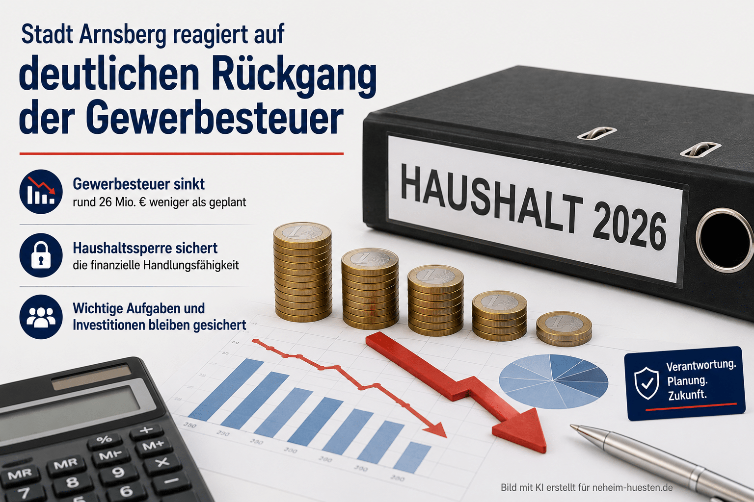 Artikelgrafik zur Haushaltssperre in Arnsberg mit sinkenden Münzstapeln, Finanzdiagramm und Haushaltsordner. Die Stadt reagiert auf rund 26 Millionen Euro weniger Gewerbesteuereinnahmen als geplant.