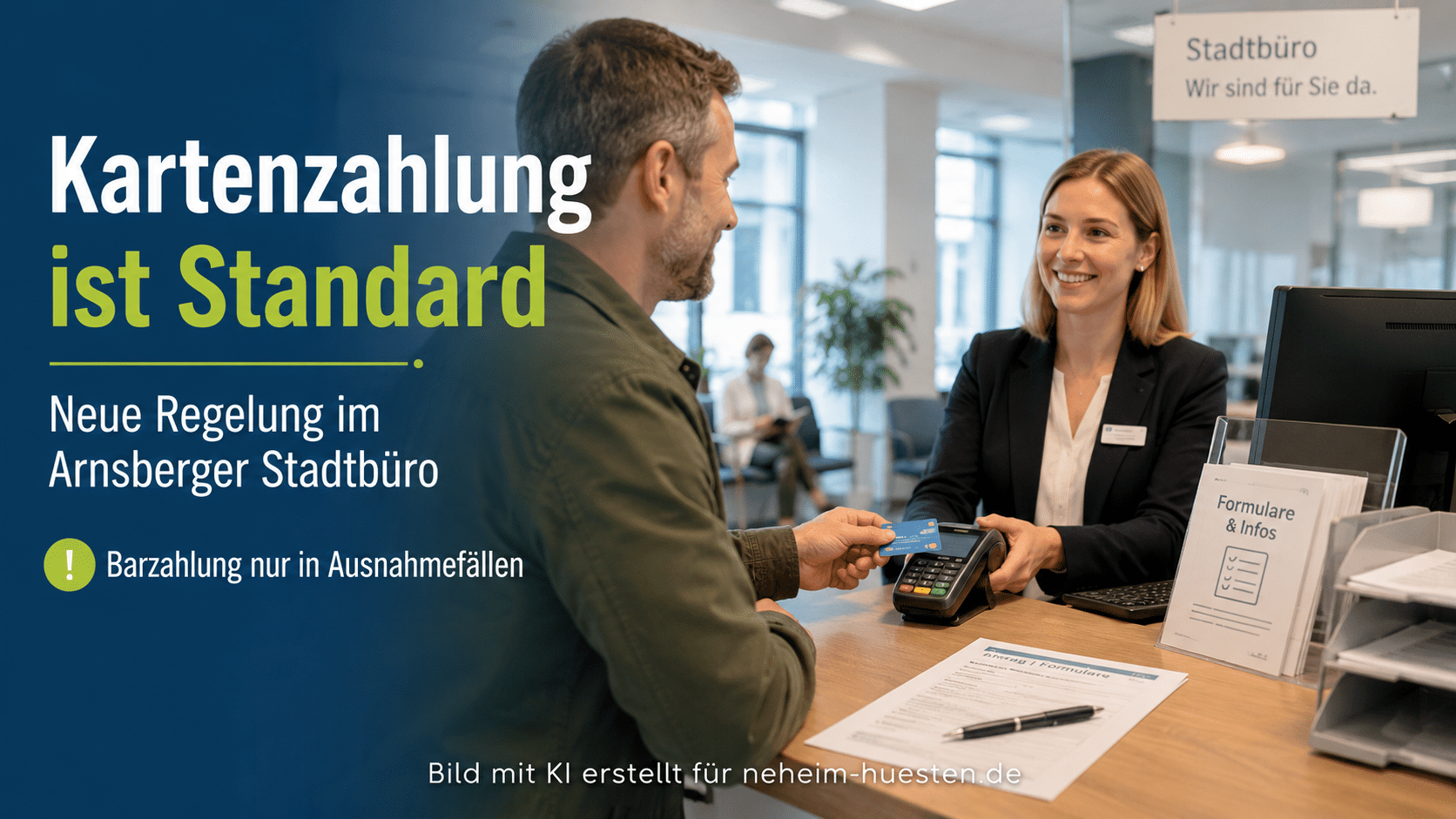 Kartenzahlung im Arnsberger Stadtbüro: Ein Bürger bezahlt an einem Kartenlesegerät, während eine Mitarbeiterin am Schalter unterstützt. Barzahlung bleibt nur in Ausnahmefällen möglich