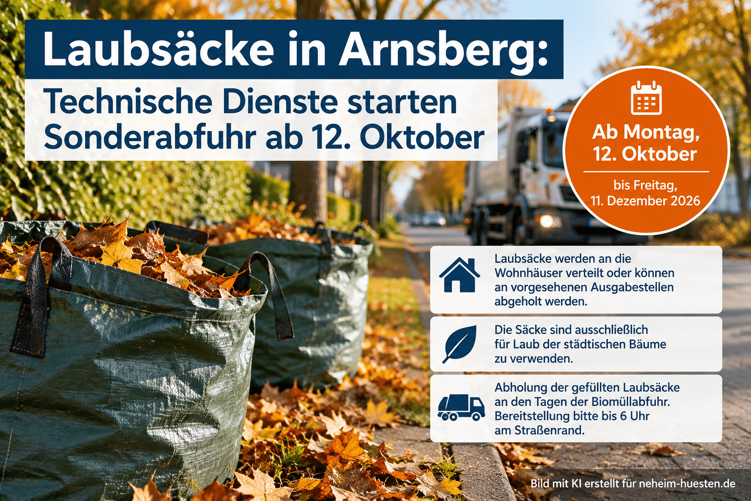 Artikelbild zur Sonderabfuhr von Laubsäcken in Arnsberg ab dem 12. Oktober 2026 mit gefüllten Laubsäcken, Herbstlaub und Hinweisen zur Abholung.