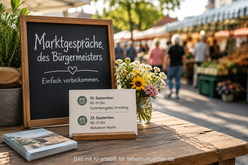 Artikelgrafik zu den Marktgesprächen des Arnsberger Bürgermeisters mit Terminen am 10. und 23. September.