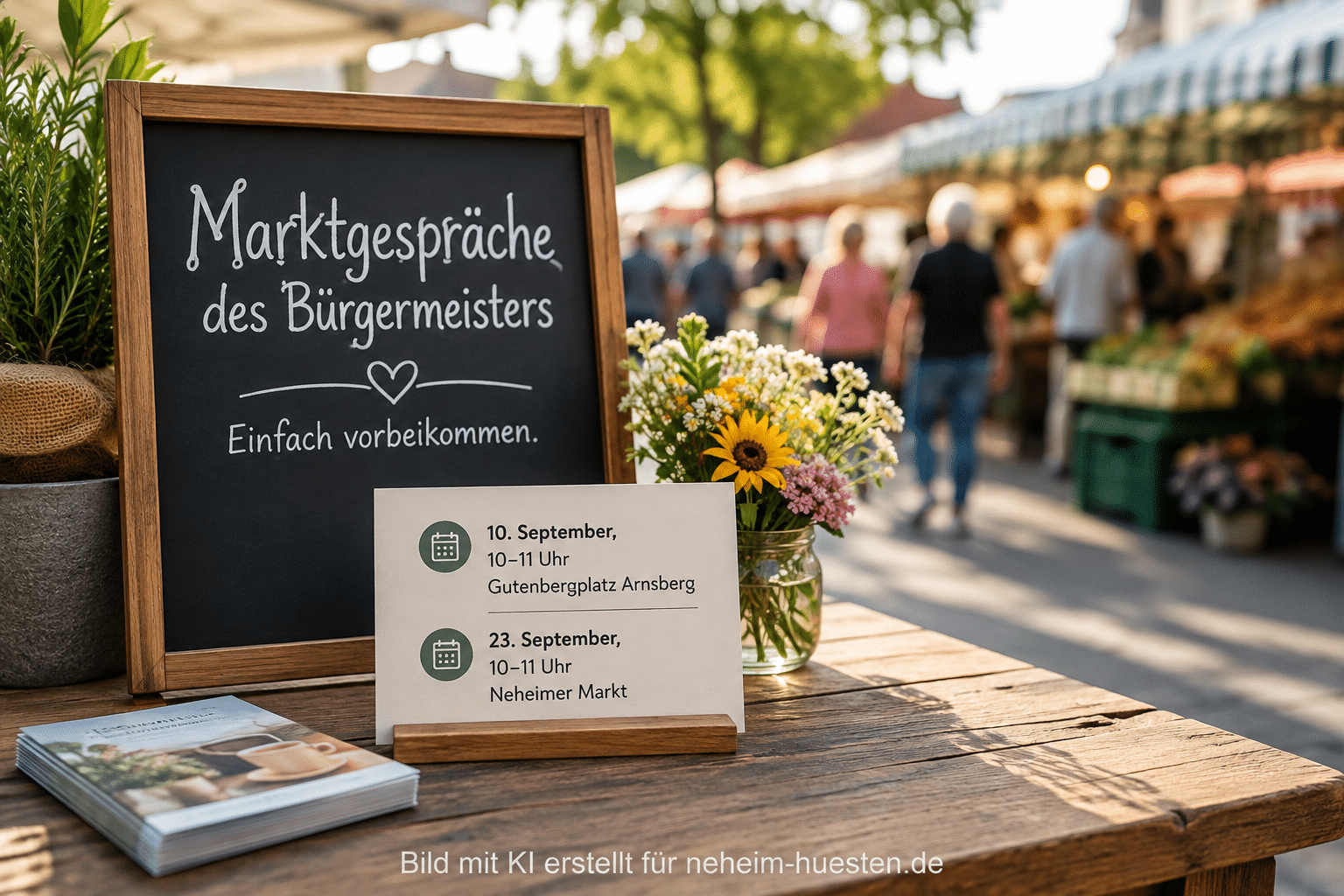 Artikelgrafik zu den Marktgesprächen des Arnsberger Bürgermeisters mit Terminen am 10. und 23. September.