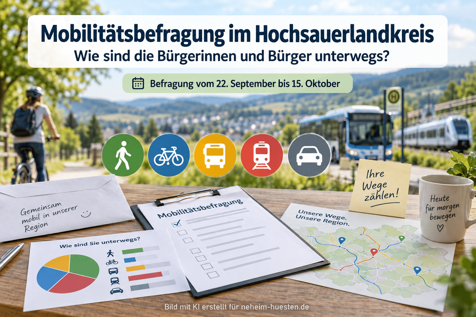 Artikelbild zur Mobilitätsbefragung im Hochsauerlandkreis mit Symbolen für Fußverkehr, Fahrrad, Bus, Bahn und Auto
