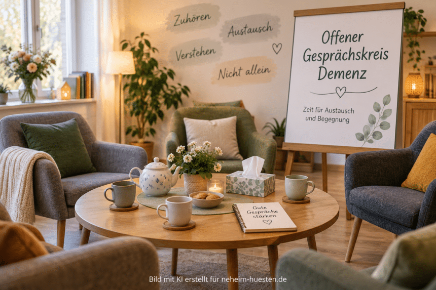 Artikelbild zum offenen Gesprächskreis Demenz mit gemütlicher Sitzrunde, Kaffeetassen und Hinweis auf Austausch und Begegnung