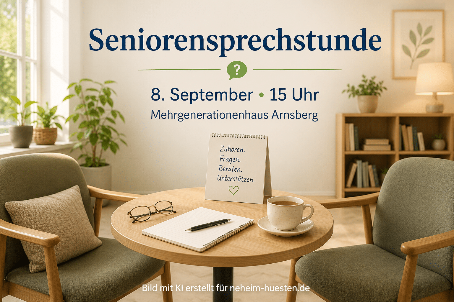 Artikelbild zur Seniorensprechstunde in Arnsberg mit zwei Sesseln, kleinem Tisch und Hinweis auf den Termin am 8. September um 15 Uhr im Mehrgenerationenhaus