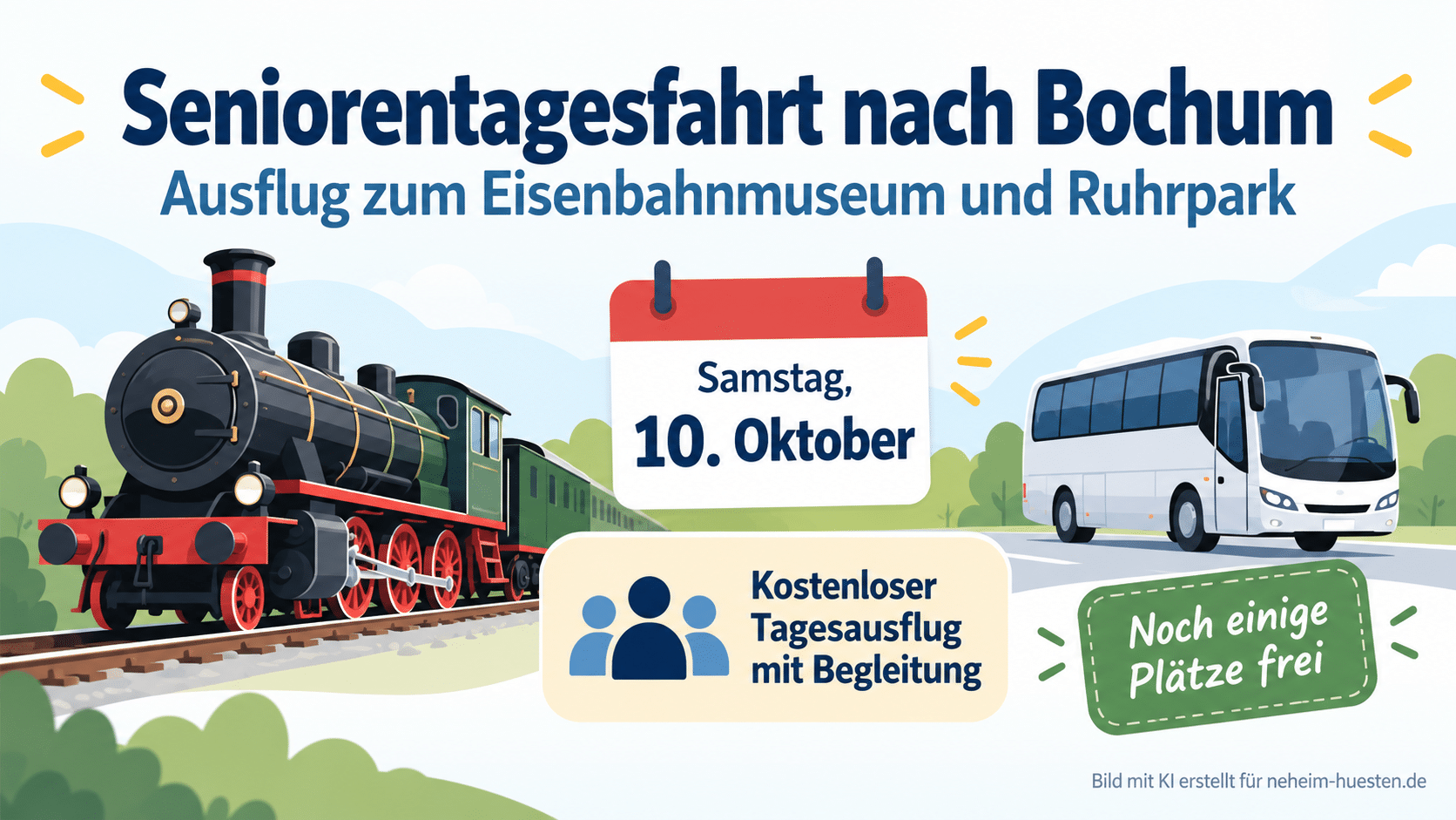 Illustration zur Seniorentagesfahrt nach Bochum am 10. Oktober mit historischem Zug, Reisebus und Hinweisen auf Eisenbahnmuseum, Ruhrpark und freie Plätze