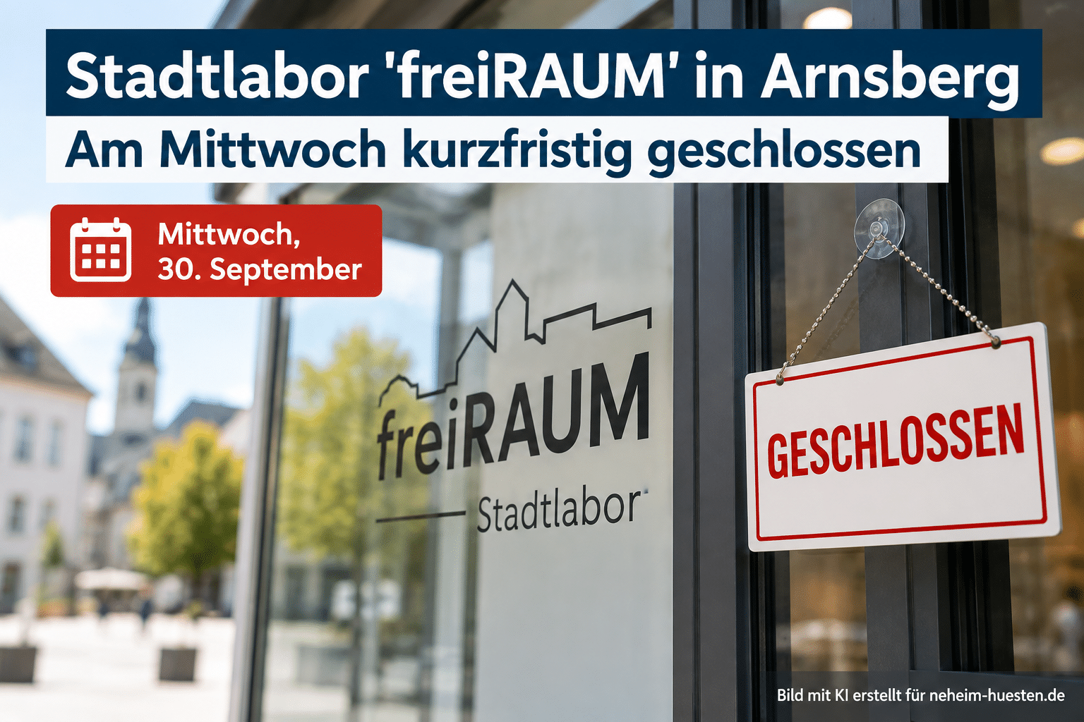 Artikelbild zur kurzfristigen Schließung des Stadtlabors freiRAUM in Arnsberg am Mittwoch, 30. September 2026, mit geschlossenem Eingang und Hinweis ‚Geschlossen‘