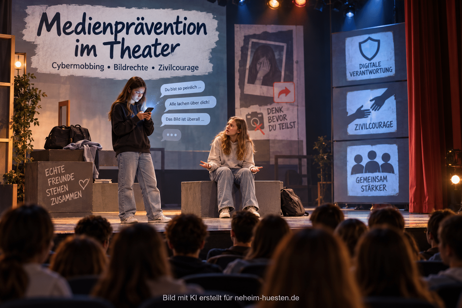 Artikelbild zum Theaterstück zur Medienprävention mit Bühnenszene zu Cybermobbing, Bildrechten und Zivilcourage vor jugendlichem Publikum