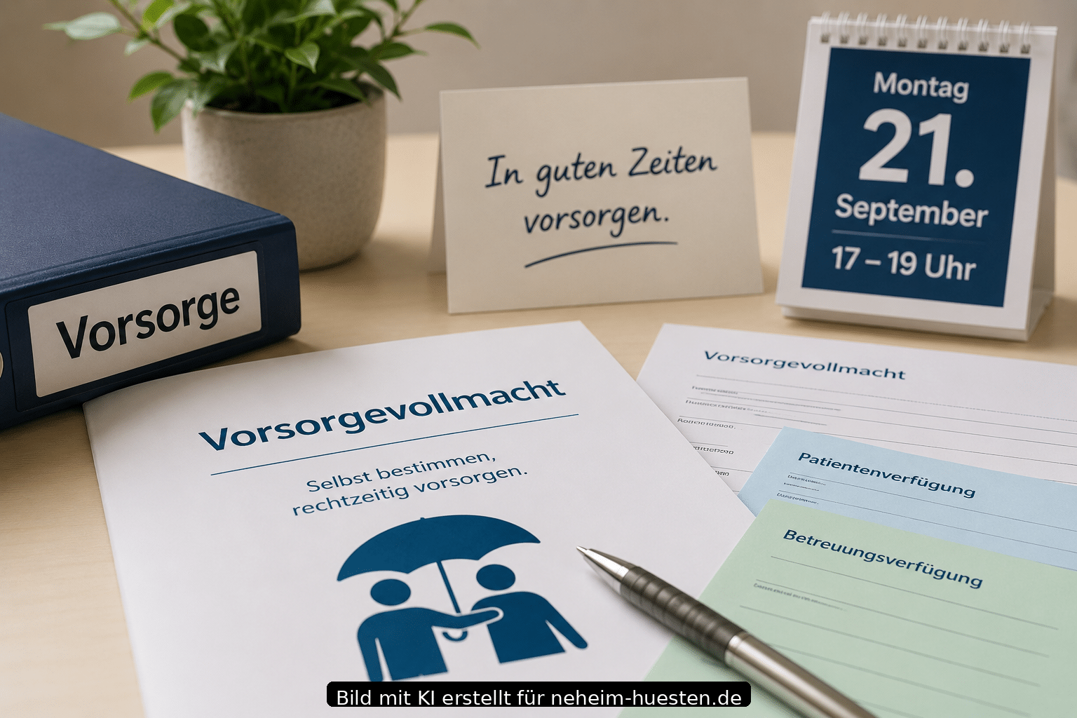 Artikelbild zur Infoveranstaltung Vorsorgevollmacht in Arnsberg mit Unterlagen zu Vorsorge, Patienten- und Betreuungsverfügung.