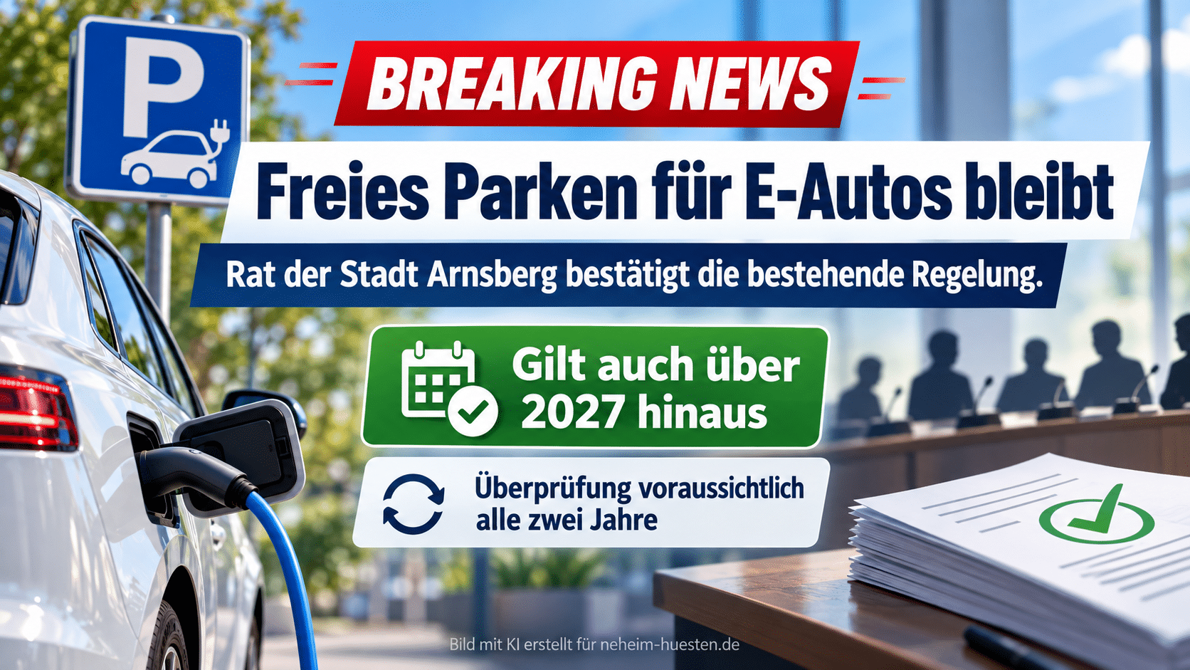 „Breaking-News-Grafik: Ein E-Auto an einer Ladesäule, dazu der Hinweis, dass das freie Parken für E-Autos in Arnsberg über 2027 hinaus bestehen bleibt und regelmäßig überprüft werden soll.