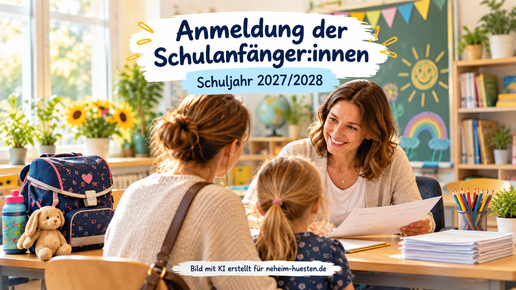Eltern melden ihr Kind in einer freundlich gestalteten Grundschule zum Schuljahr 2027/2028 an