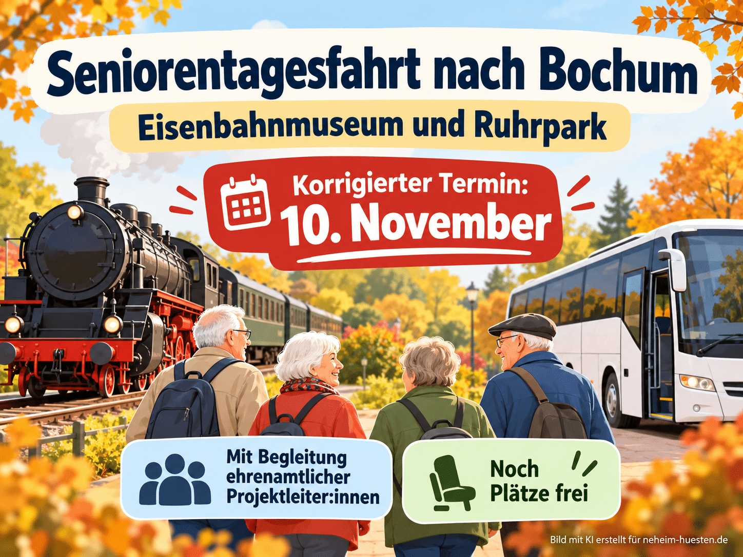 Artikelbild zur Seniorentagesfahrt nach Bochum am 10. November 2026 mit Eisenbahnmuseum und Ruhrpark, Hinweis auf den korrigierten Termin und noch freie Plätze