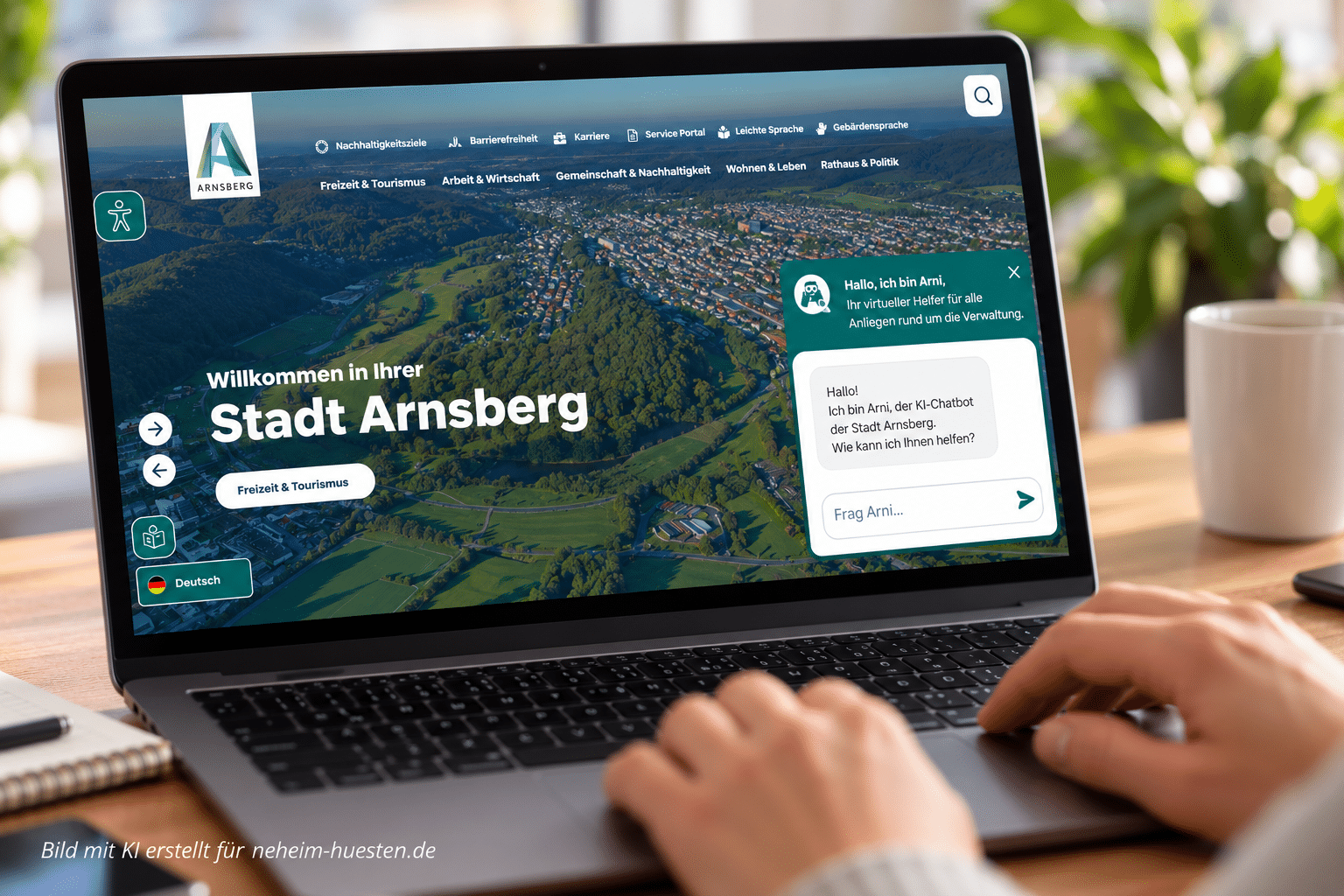 Artikelbild zum KI-Chatbot ‚Arni‘ der Stadt Arnsberg mit der städtischen Website und geöffnetem Chatfenster auf einem Laptop.